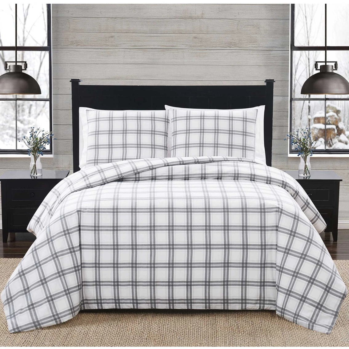 Deals ???? London Fog Grey Plaid 3 Pc. Flannel Comforter Set ????
