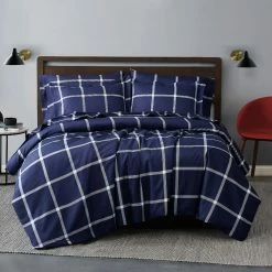 New ???? Truly Soft Printed Windowpane Navy And White 3 Pc. Duvet Cover Set Full/Queen ⭐