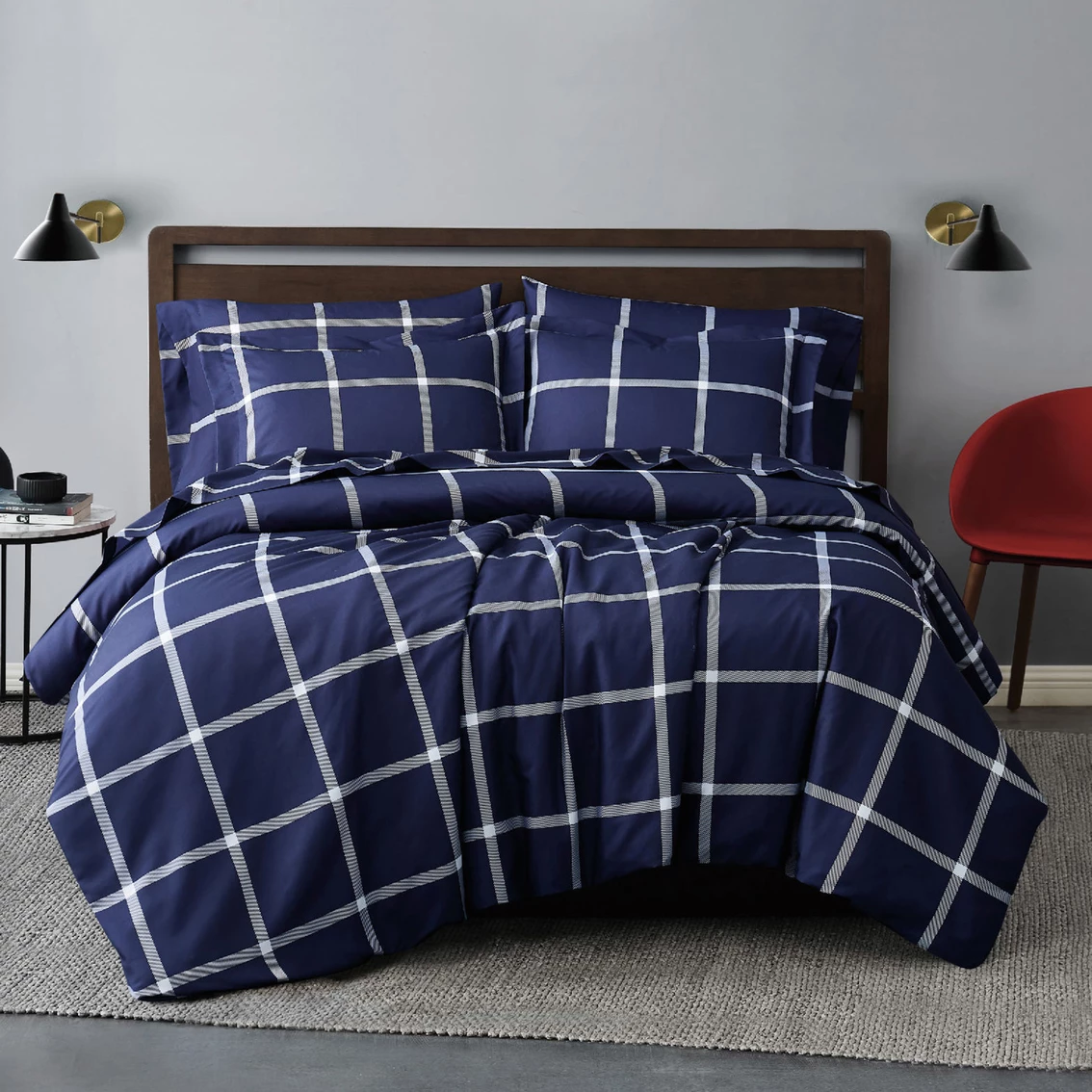 New ???? Truly Soft Printed Windowpane Navy And White 3 Pc. Duvet Cover Set Full/Queen ⭐