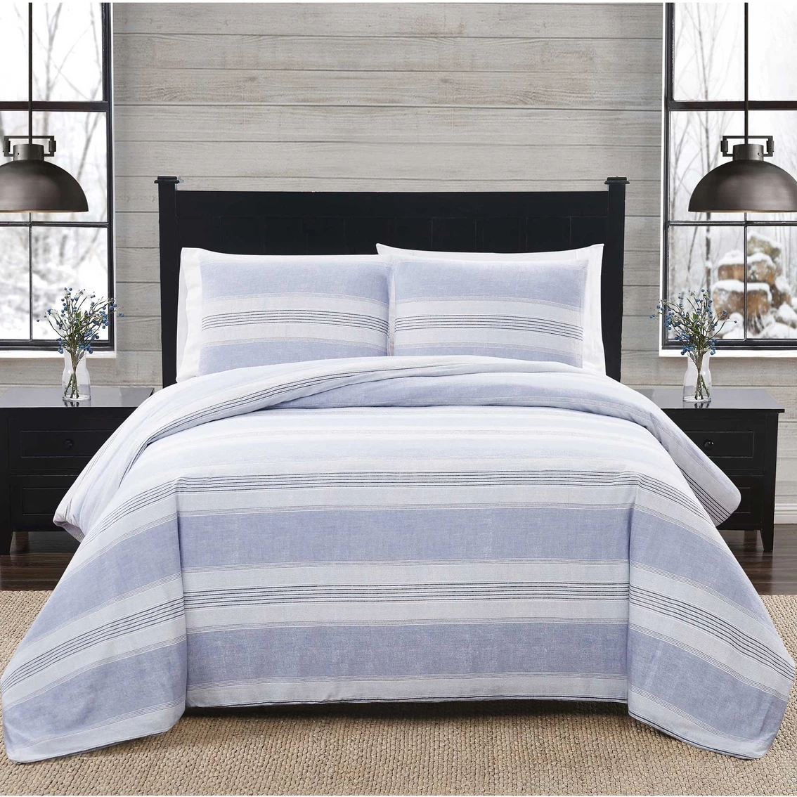 Best Pirce ???? London Fog Blue Stripe 3 Pc. Flannel Comforter Set ????
