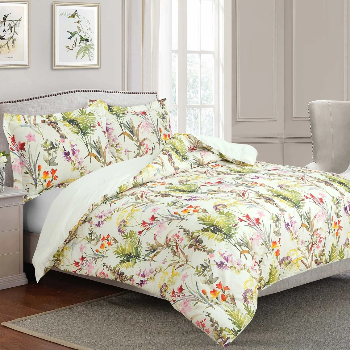 Best Sale ⌛ Royale Linens Arboretum Garden Watercolor Floral Leaf Print 3 Pc. Comforter Set ????