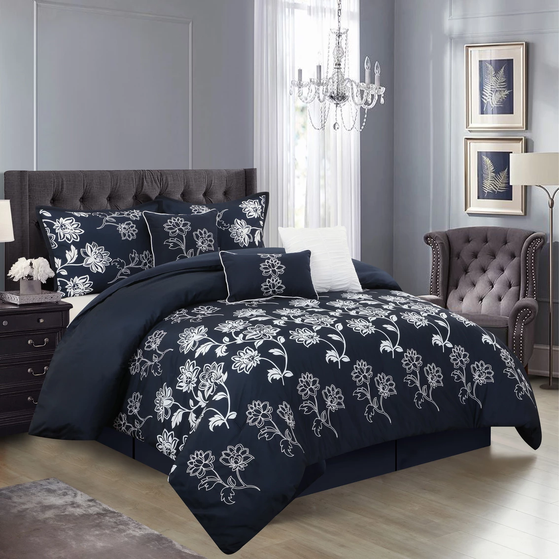 Outlet ❤️ Grand Avenue Calabria Comforter Navy And Floral 7 Pc. Set ????